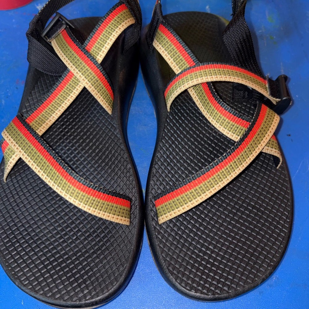 Chaco Black Sandals with Red/Tan/Black/Army Green Straps